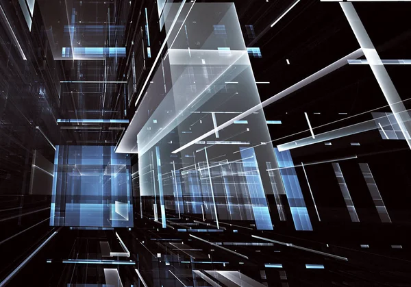 Geleceğin teknolojisi arka plan - 3d görüntü bilgisayar tarafından oluşturulan soyut. Fractal sanat: cam oda ya da ışık efektleri ile gerçeküstü şehrin cadde. Yüksek teknoloji veya sanal gerçeklik kavramı.