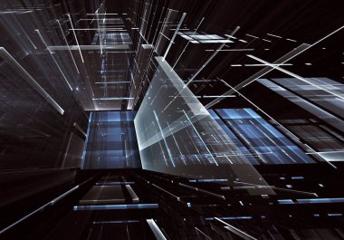 Geleceğin teknolojisi arka plan - 3d görüntü bilgisayar tarafından oluşturulan soyut. Fractal sanat: cam oda ya da ışık efektleri ile gerçeküstü şehrin cadde. Yüksek teknoloji veya sanal gerçeklik kavramı.