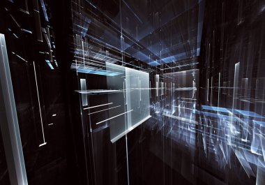 Geleceğin teknolojisi arka plan - 3d görüntü bilgisayar tarafından oluşturulan soyut. Fractal sanat: cam oda ya da ışık efektleri ile gerçeküstü şehrin cadde. Yüksek teknoloji veya sanal gerçeklik kavramı.