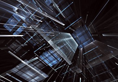 Geleceğin teknolojisi arka plan - 3d görüntü bilgisayar tarafından oluşturulan soyut. Fractal sanat: cam oda ya da ışık efektleri ile gerçeküstü şehrin cadde. Yüksek teknoloji veya sanal gerçeklik kavramı.
