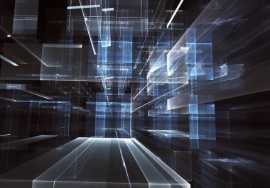Geleceğin teknolojisi arka plan - 3d görüntü bilgisayar tarafından oluşturulan soyut. Fractal sanat: cam oda ya da ışık efektleri ile gerçeküstü şehrin cadde. Yüksek teknoloji veya sanal gerçeklik kavramı.