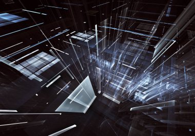 Geleceğin teknolojisi arka plan - 3d görüntü bilgisayar tarafından oluşturulan soyut. Fractal sanat: cam oda ya da ışık efektleri ile gerçeküstü şehrin cadde. Yüksek teknoloji veya sanal gerçeklik kavramı.