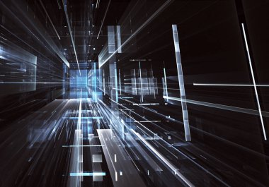 Geleceğin teknolojisi arka plan - 3d görüntü bilgisayar tarafından oluşturulan soyut. Fractal sanat: cam oda ya da ışık efektleri ile gerçeküstü şehrin cadde. Yüksek teknoloji veya sanal gerçeklik kavramı.