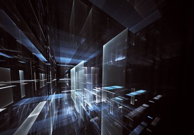 Geleceğin teknolojisi arka plan - 3d görüntü bilgisayar tarafından oluşturulan soyut. Fractal sanat: cam oda ya da ışık efektleri ile gerçeküstü şehrin cadde. Yüksek teknoloji veya sanal gerçeklik kavramı.