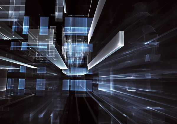 Geleceğin teknolojisi arka plan - 3d görüntü bilgisayar tarafından oluşturulan soyut. Fractal sanat: cam oda ya da ışık efektleri ile gerçeküstü şehrin cadde. Yüksek teknoloji veya sanal gerçeklik kavramı.