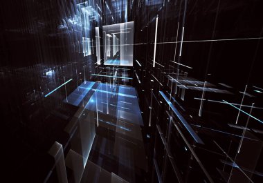 Geleceğin teknolojisi arka plan - 3d görüntü bilgisayar tarafından oluşturulan soyut. Fractal sanat: cam oda ya da ışık efektleri ile gerçeküstü şehrin cadde. Yüksek teknoloji veya sanal gerçeklik kavramı.