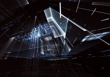 Geleceğin teknolojisi arka plan - 3d görüntü bilgisayar tarafından oluşturulan soyut. Fractal sanat: cam oda ya da ışık efektleri ile gerçeküstü şehrin cadde. Yüksek teknoloji veya sanal gerçeklik kavramı.