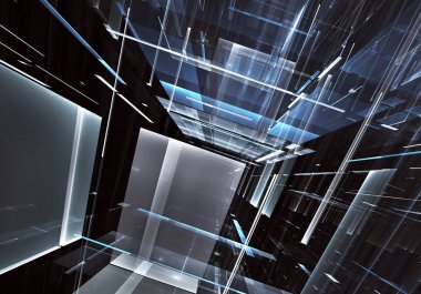 Geleceğin teknolojisi arka plan - 3d görüntü bilgisayar tarafından oluşturulan soyut. Fractal sanat: cam oda ya da ışık efektleri ile gerçeküstü şehrin cadde. Yüksek teknoloji veya sanal gerçeklik kavramı.