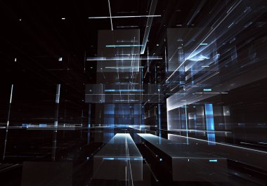 Geleceğin teknolojisi arka plan - 3d görüntü bilgisayar tarafından oluşturulan soyut. Fractal sanat: cam oda ya da ışık efektleri ile gerçeküstü şehrin cadde. Yüksek teknoloji veya sanal gerçeklik kavramı.