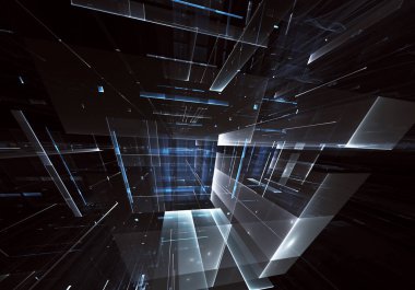 Geleceğin teknolojisi arka plan - 3d görüntü bilgisayar tarafından oluşturulan soyut. Fractal sanat: cam oda ya da ışık efektleri ile gerçeküstü şehrin cadde. Yüksek teknoloji veya sanal gerçeklik kavramı.