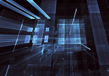 Geleceğin teknolojisi arka plan - 3d görüntü bilgisayar tarafından oluşturulan soyut. Fractal sanat: cam oda ya da ışık efektleri ile gerçeküstü şehrin cadde. Yüksek teknoloji veya sanal gerçeklik kavramı.