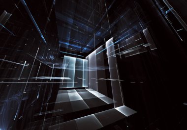 Geleceğin teknolojisi arka plan - 3d görüntü bilgisayar tarafından oluşturulan soyut. Fractal sanat: cam oda ya da ışık efektleri ile gerçeküstü şehrin cadde. Yüksek teknoloji veya sanal gerçeklik kavramı.