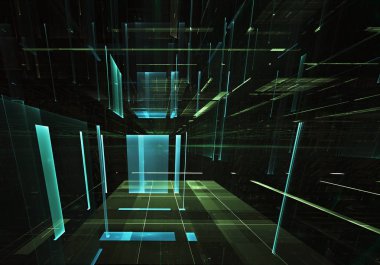 Geleceğin teknolojisi arka plan - 3d görüntü bilgisayar tarafından oluşturulan soyut. Fractal sanat: cam oda ya da ışık efektleri ile gerçeküstü şehrin cadde. Yüksek teknoloji veya sanal gerçeklik kavramı.