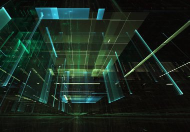Geleceğin teknolojisi arka plan - 3d görüntü bilgisayar tarafından oluşturulan soyut. Fractal sanat: cam oda ya da ışık efektleri ile gerçeküstü şehrin cadde. Yüksek teknoloji veya sanal gerçeklik kavramı.