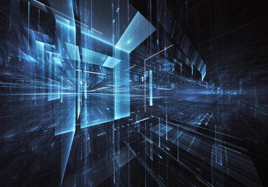 Geleceğin teknolojisi arka plan - 3d görüntü bilgisayar tarafından oluşturulan soyut. Fractal sanat: cam oda ya da ışık efektleri ile gerçeküstü şehrin cadde. Yüksek teknoloji veya sanal gerçeklik kavramı.