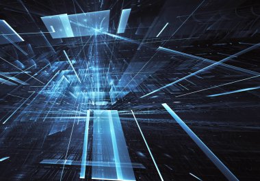 Geleceğin teknolojisi arka plan - 3d görüntü bilgisayar tarafından oluşturulan soyut. Fractal sanat: cam oda ya da ışık efektleri ile gerçeküstü şehrin cadde. Yüksek teknoloji veya sanal gerçeklik kavramı.