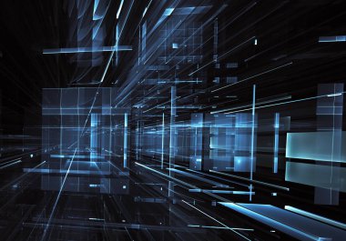 Geleceğin teknolojisi arka plan - 3d görüntü bilgisayar tarafından oluşturulan soyut. Fractal sanat: cam oda ya da ışık efektleri ile gerçeküstü şehrin cadde. Yüksek teknoloji veya sanal gerçeklik kavramı.