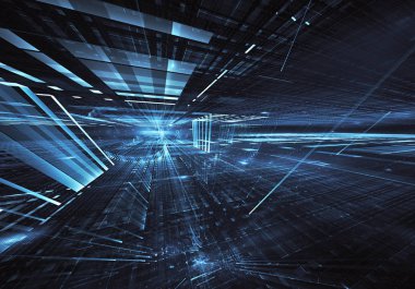 Geleceğin teknolojisi arka plan - 3d görüntü bilgisayar tarafından oluşturulan soyut. Fractal sanat: cam oda ya da ışık efektleri ile gerçeküstü şehrin cadde. Yüksek teknoloji veya sanal gerçeklik kavramı.