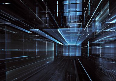 Geleceğin teknolojisi arka plan - 3d görüntü bilgisayar tarafından oluşturulan soyut. Fractal sanat: cam oda ya da ışık efektleri ile gerçeküstü şehrin cadde. Yüksek teknoloji veya sanal gerçeklik kavramı.
