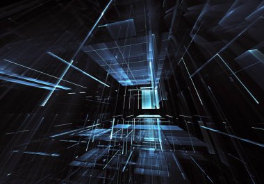 Geleceğin teknolojisi arka plan - 3d görüntü bilgisayar tarafından oluşturulan soyut. Fractal sanat: cam oda ya da ışık efektleri ile gerçeküstü şehrin cadde. Yüksek teknoloji veya sanal gerçeklik kavramı.