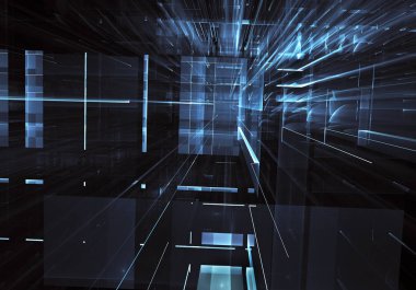 Geleceğin teknolojisi arka plan - 3d görüntü bilgisayar tarafından oluşturulan soyut. Fractal sanat: cam oda ya da ışık efektleri ile gerçeküstü şehrin cadde. Yüksek teknoloji veya sanal gerçeklik kavramı.
