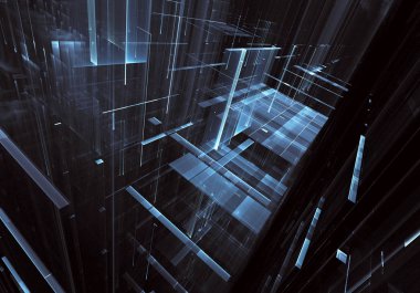 Geleceğin teknolojisi arka plan - 3d görüntü bilgisayar tarafından oluşturulan soyut. Fractal sanat: cam oda ya da ışık efektleri ile gerçeküstü şehrin cadde. Yüksek teknoloji veya sanal gerçeklik kavramı.