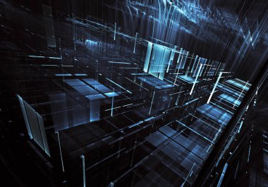 Geleceğin teknolojisi arka plan - 3d görüntü bilgisayar tarafından oluşturulan soyut. Fractal sanat: cam oda ya da ışık efektleri ile gerçeküstü şehrin cadde. Yüksek teknoloji veya sanal gerçeklik kavramı.