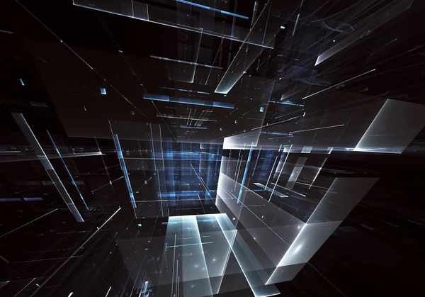 Geleceğin teknolojisi arka plan - 3d görüntü bilgisayar tarafından oluşturulan soyut. Fractal sanat: cam oda ya da ışık efektleri ile gerçeküstü şehrin cadde. Yüksek teknoloji veya sanal gerçeklik kavramı.