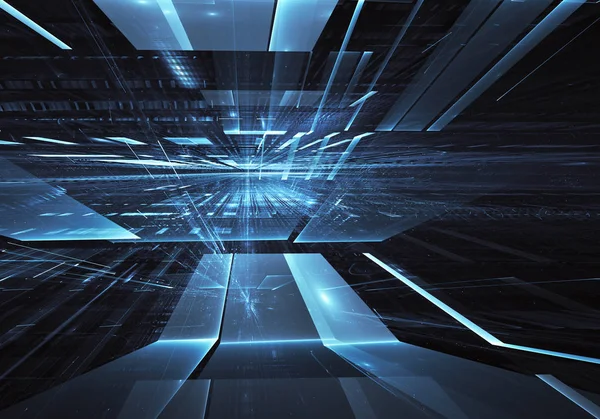 Geleceğin teknolojisi arka plan - 3d görüntü bilgisayar tarafından oluşturulan soyut. Fractal sanat: cam oda ya da ışık efektleri ile gerçeküstü şehrin cadde. Yüksek teknoloji veya sanal gerçeklik kavramı.