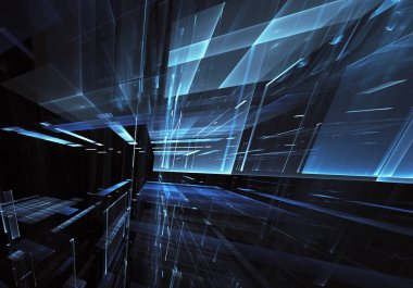 Geleceğin teknolojisi arka plan - 3d görüntü bilgisayar tarafından oluşturulan soyut. Fractal sanat: cam oda ya da ışık efektleri ile gerçeküstü şehrin cadde. Yüksek teknoloji veya sanal gerçeklik kavramı.