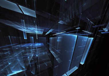 Geleceğin teknolojisi arka plan - 3d görüntü bilgisayar tarafından oluşturulan soyut. Fractal sanat: cam oda ya da ışık efektleri ile gerçeküstü şehrin cadde. Yüksek teknoloji veya sanal gerçeklik kavramı.