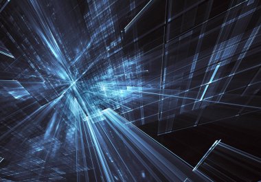 Geleceğin teknolojisi arka plan - 3d görüntü bilgisayar tarafından oluşturulan soyut. Fractal sanat: cam oda ya da ışık efektleri ile gerçeküstü şehrin cadde. Yüksek teknoloji veya sanal gerçeklik kavramı.