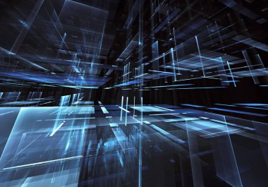Geleceğin teknolojisi arka plan - 3d görüntü bilgisayar tarafından oluşturulan soyut. Fractal sanat: cam oda ya da ışık efektleri ile gerçeküstü şehrin cadde. Yüksek teknoloji veya sanal gerçeklik kavramı.