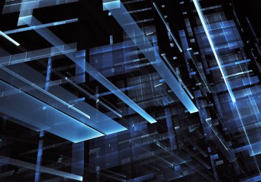 Geleceğin teknolojisi arka plan - 3d görüntü bilgisayar tarafından oluşturulan soyut. Fractal sanat: cam oda ya da ışık efektleri ile gerçeküstü şehrin cadde. Yüksek teknoloji veya sanal gerçeklik kavramı.