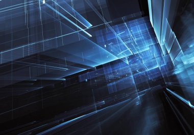 Geleceğin teknolojisi arka plan - 3d görüntü bilgisayar tarafından oluşturulan soyut. Fractal sanat: cam oda ya da ışık efektleri ile gerçeküstü şehrin cadde. Yüksek teknoloji veya sanal gerçeklik kavramı.