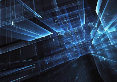 Geleceğin teknolojisi arka plan - 3d görüntü bilgisayar tarafından oluşturulan soyut. Fractal sanat: cam oda ya da ışık efektleri ile gerçeküstü şehrin cadde. Yüksek teknoloji veya sanal gerçeklik kavramı.