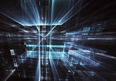 Geleceğin teknolojisi arka plan - 3d görüntü bilgisayar tarafından oluşturulan soyut. Fractal sanat: cam oda ya da ışık efektleri ile gerçeküstü şehrin cadde. Yüksek teknoloji veya sanal gerçeklik kavramı.