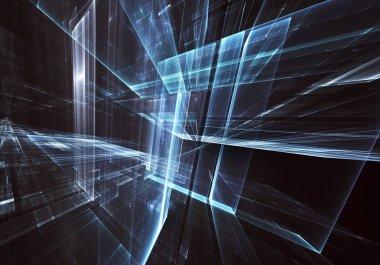 Geleceğin teknolojisi arka plan - 3d görüntü bilgisayar tarafından oluşturulan soyut. Fractal sanat: cam oda ya da ışık efektleri ile gerçeküstü şehrin cadde. Yüksek teknoloji veya sanal gerçeklik kavramı.