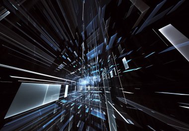 Geleceğin teknolojisi arka plan - 3d görüntü bilgisayar tarafından oluşturulan soyut. Fractal sanat: cam oda ya da ışık efektleri ile gerçeküstü şehrin cadde. Yüksek teknoloji veya sanal gerçeklik kavramı.