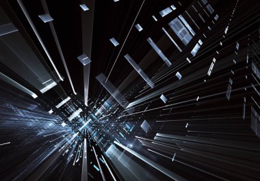 Geleceğin teknolojisi arka plan - 3d görüntü bilgisayar tarafından oluşturulan soyut. Fractal sanat: cam oda ya da ışık efektleri ile gerçeküstü şehrin cadde. Yüksek teknoloji veya sanal gerçeklik kavramı.