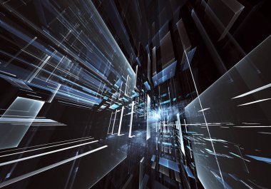 Geleceğin teknolojisi arka plan - 3d görüntü bilgisayar tarafından oluşturulan soyut. Fractal sanat: cam oda ya da ışık efektleri ile gerçeküstü şehrin cadde. Yüksek teknoloji veya sanal gerçeklik kavramı.