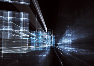 Geleceğin teknolojisi arka plan - 3d görüntü bilgisayar tarafından oluşturulan soyut. Fractal sanat: cam oda ya da ışık efektleri ile gerçeküstü şehrin cadde. Yüksek teknoloji veya sanal gerçeklik kavramı.