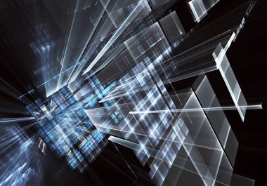 Geleceğin teknolojisi arka plan - 3d görüntü bilgisayar tarafından oluşturulan soyut. Fractal sanat: cam oda ya da ışık efektleri ile gerçeküstü şehrin cadde. Yüksek teknoloji veya sanal gerçeklik kavramı.