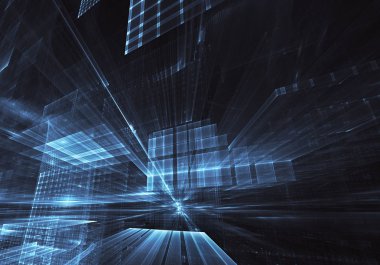 Geleceğin teknolojisi arka plan - 3d görüntü bilgisayar tarafından oluşturulan soyut. Fractal sanat: cam oda ya da ışık efektleri ile gerçeküstü şehrin cadde. Yüksek teknoloji veya sanal gerçeklik kavramı.