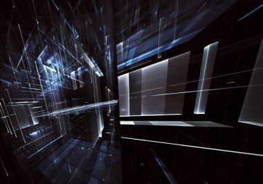 Geleceğin teknolojisi arka plan - 3d görüntü bilgisayar tarafından oluşturulan soyut. Fractal sanat: cam oda ya da ışık efektleri ile gerçeküstü şehrin cadde. Yüksek teknoloji veya sanal gerçeklik kavramı.