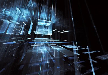 Geleceğin teknolojisi arka plan - 3d görüntü bilgisayar tarafından oluşturulan soyut. Fractal sanat: cam oda ya da ışık efektleri ile gerçeküstü şehrin cadde. Yüksek teknoloji veya sanal gerçeklik kavramı.