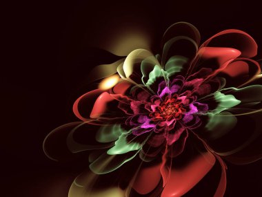 Renkli simetrik fraktal desen çiçek ya da kelebek şeklinde vitray şeklinde. Bilgisayar tarafından oluşturulan grafikler.