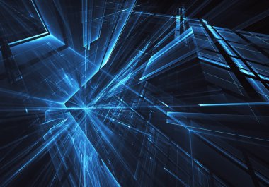 Bilgisayar soyut tehnoloji 3D illüstrasyon üretti. Üç boyutlu üç boyutlu fraktal, doku