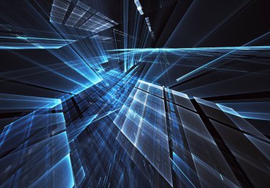 Bilgisayar soyut tehnoloji 3D illüstrasyon üretti. Üç boyutlu üç boyutlu fraktal, doku