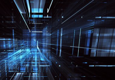 Bilgisayar soyut tehnoloji 3D illüstrasyon üretti. Üç boyutlu üç boyutlu fraktal, doku